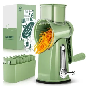 SUSTEAS Rotary Cheese Grater with Handle, 5 Well-Designed Blades and Strong Suction Cup Base, Mandoline Slicer Utensils Retro Green Kitchen Gadgets